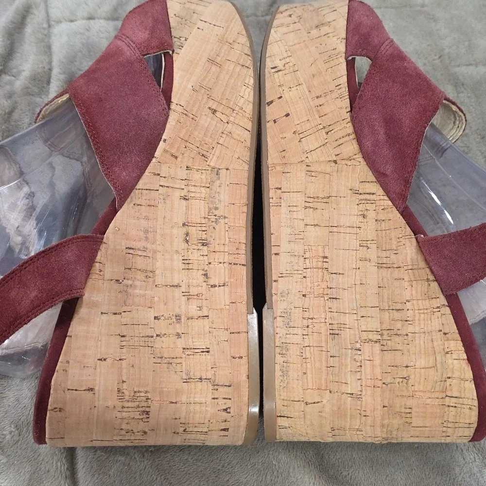 Nine West Women's Platform Sandals Burgundy Leather Ankle Straps Cork Look Sz 10